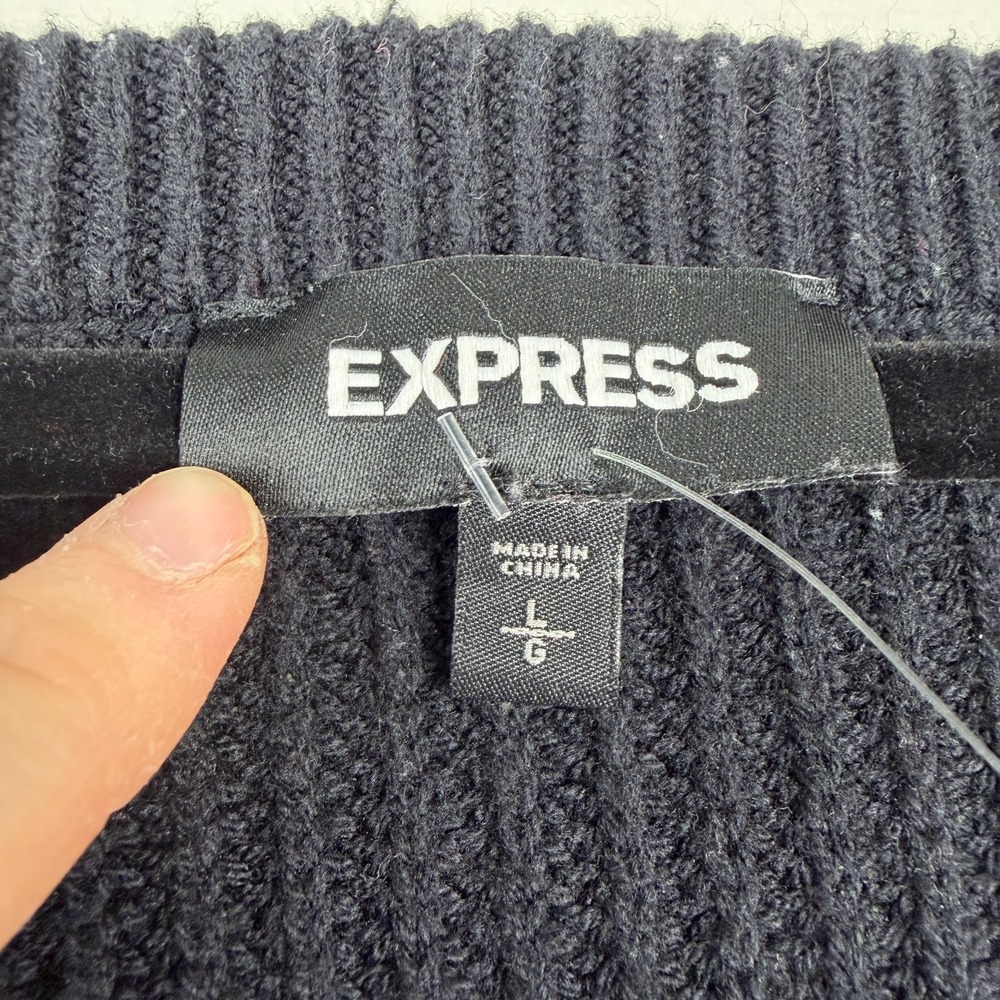 Express Shaker Sweater Women's Large Black Ribbed Knit EXP‎ Logo Cotton Pullover - Picture 5 of 13